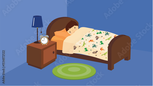 Cartoon vector illustration of a man sleeping in bed with alarm clock