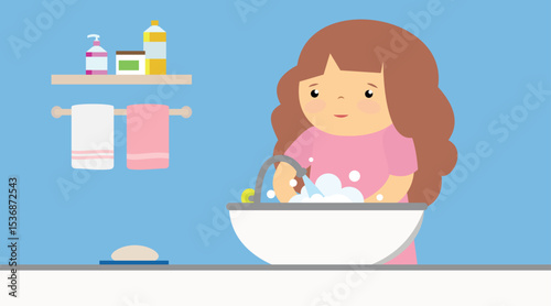 Girl washing hands in the bathroom. Vector illustration in flat style.