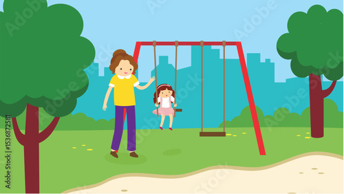 Mother and daughter on swing in park. Vector illustration in flat style