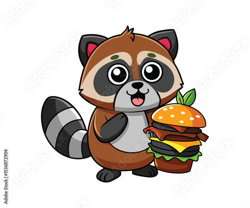 Cartoon Illustration of a Raccoon Carrying a Burger on its Back on a White Background for Children's Designs
