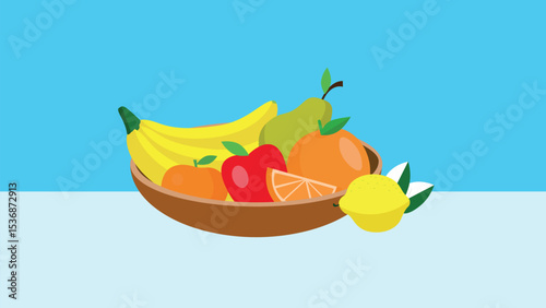 Fruits in a wooden bowl. Vector illustration in flat style.