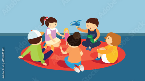 Children playing with toys in the kindergarten. Flat design vector illustration.