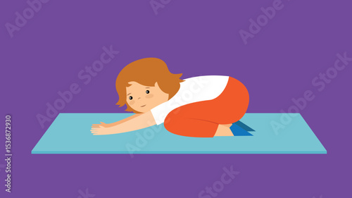 Little girl doing yoga exercises on the mat. Vector illustration in a flat style.