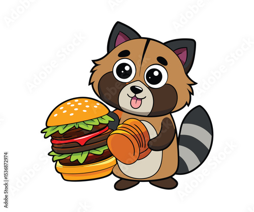 Cartoon Illustration of a Raccoon Carrying a Burger on its Back on a White Background for Children's Designs