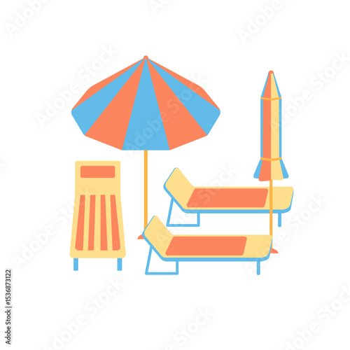 Sun loungers and parasol vector illustration. Colorful striped beach umbrella and sunbeds isolated on white background. Summer vacation composition, seaside sunbathing relax in flat cartoon style