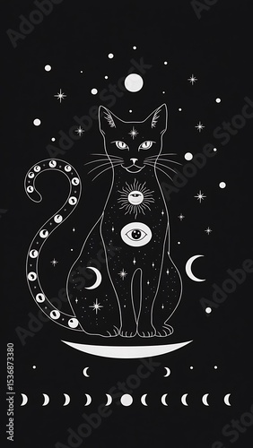 Mystical Black Cat: Celestial Design, Wiccan Art, Gothic Aesthetic AI generated