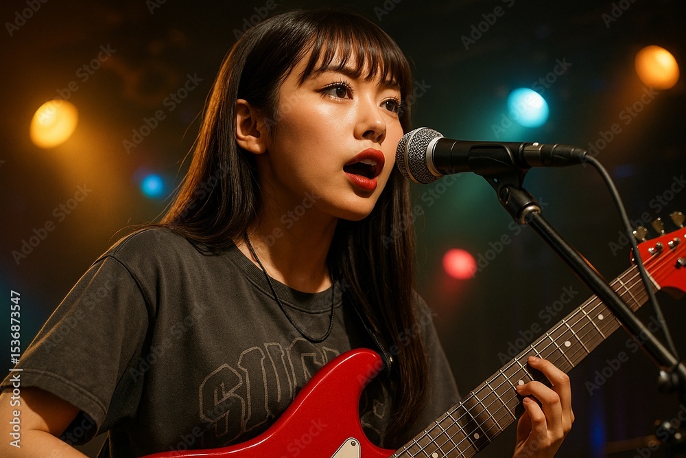 Obraz premium ステージで歌うギタリスト女子