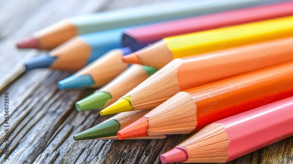 Fototapeta premium Colorful Pencils Close Up on Wooden Surface