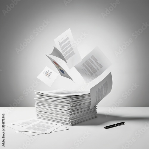 Stack of documents with flying papers and pen on the table  