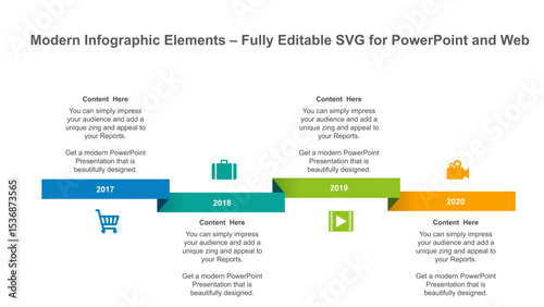 Horizontal Yearly Timeline Infographic for PowerPoint. Fully editable vector SVG file compatible with PowerPoint, Illustrator, and most vector-based applications.