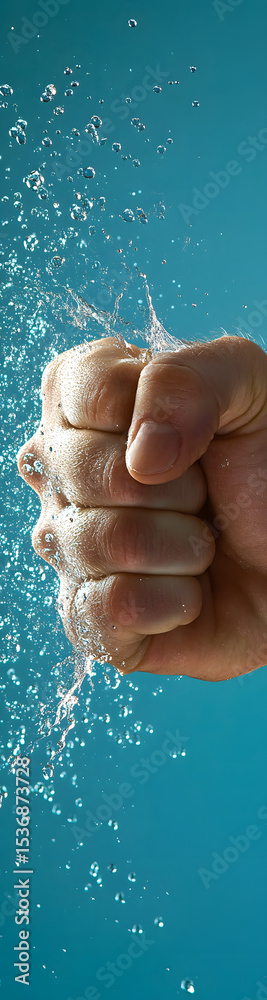 Fototapeta premium Powerful Clenched Fist Smashing Through Water Splash - vertical banner - wide skyscraper - blue background