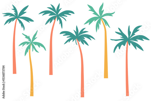 Palm trees vector illustration set. Tropical coconut trees with curved trunks and lush leaves isolated on white background. Exotic island plants silhouettes in simple minimalist flat cartoon style