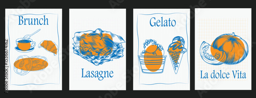 Hand drawn dolce vita food posters. Set of vector abstract food posters with brunch, gelato,coffee. Mediterranean style retro design for cards, posters, decor for kitchen, cafes, restaurants.