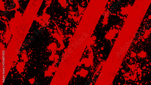 A red background with diagonal black stripes smeared with red splashes all over.
