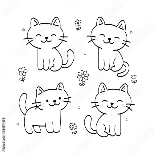 cute cats and flowers coloring page for kids. hand drawn style. for children activities