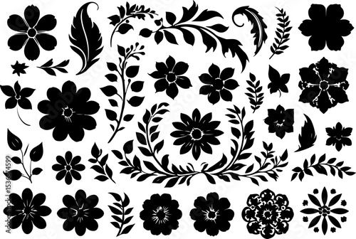 Floral Elements Vector Collection, Decorative Floral Vector Art, Elegant Floral Design Elements, Hand-Drawn Floral Vectors, Botanical Elements Vector Set, Vintage Floral Elements Art, Simple Floral Ve