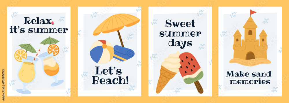 Fototapeta premium Summer postcard set with tropical beach vacation elements. Vector collection of four illustrated summer cards with hand-drawn cocktails, beach umbrella, towel, ball, ice cream, watermelon popsicle.
