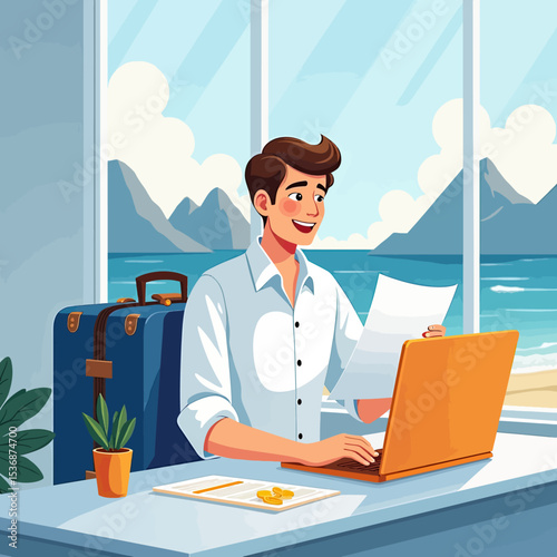 A happy cartoon businessman working as a digital nomad on his laptop, enjoying financial success with a beautiful beach view from his modern office window.
