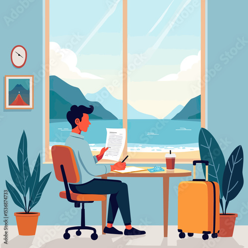 A male digital nomad enjoys a productive workation, sitting at a desk with a suitcase by a window overlooking a scenic beach and mountain landscape.
