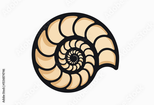 A stylized icon of a chambered nautilus shell or ammonite fossil, with its classic logarithmic spiral design and beige segments, representing natural geometry.
