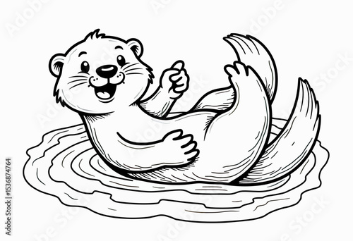 A charming black and white line art of a cute cartoon otter floating on its back and giving a thumbs up, perfect as a printable coloring page for children.
