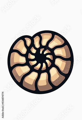 A stylized illustration of a chambered nautilus shell or ammonite fossil, featuring warm beige tones and a bold outline for a modern, natural history icon.
