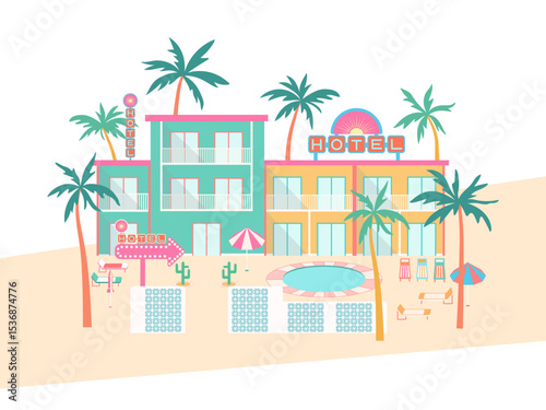Tropical resort hotel vector illustration. Colorful hotel building with balconies, pool, palm trees, sunbeds, parasol isolated on white background. Flat summer vacation landscape for tourism design