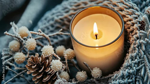 Burning candle in a holder wrapped in a knitted scarf with frosty branches on a blurred background.