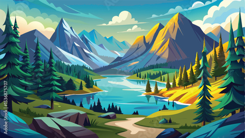 Alpine mountain lake with crystal clear water reflecting the majestic snow-capped peaks and vast sky