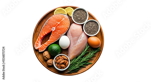 Healthy food plate salmon chicken eggs nuts keto diet balanced nutrition on transparent background