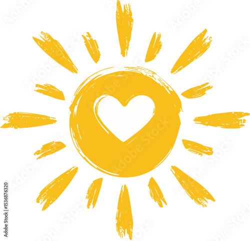 A simple yellow hand-drawn sun with a heart shape at the center, surrounded by radiating brush stroke lines. The illustration has a rough, textured brush style, giving a warm and cheerful appearance. 