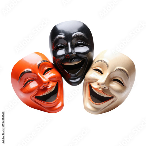 Three smiling theatrical masks in vibrant colors representing joy and comedy, transparent background, cutout PNG