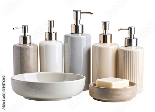 Set of Neutral-Toned Bathroom Dispensers and Soap Dish for Home Organization, Transparent PNG