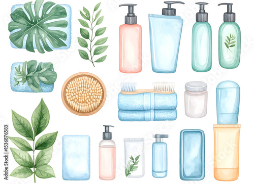 Flat Lay of Illustrated Bathroom Supplies with Pastel Accents, Home Hygiene Icons, Transparent PNG