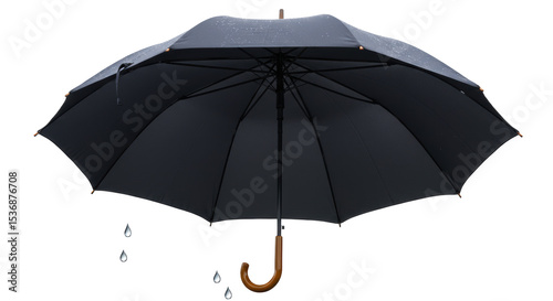 Isolated Black Umbrella with Wooden Handle and Rain Drops
