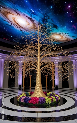 Celestial Tree of Life: Grand Interior Design with Galaxy Ceiling AI generated