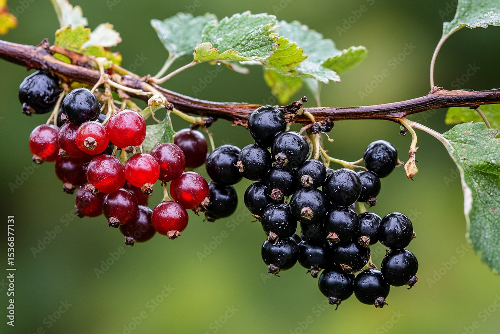 Currant berries hang vibrantly on branches in lush garden Currant berries hang vibrantly on branches in lush garden