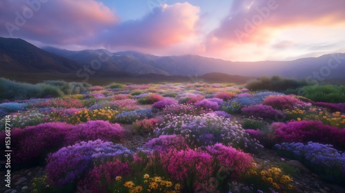 Rare desert super bloom transforms Death Valley into a vibrant floral wonderland during sunset