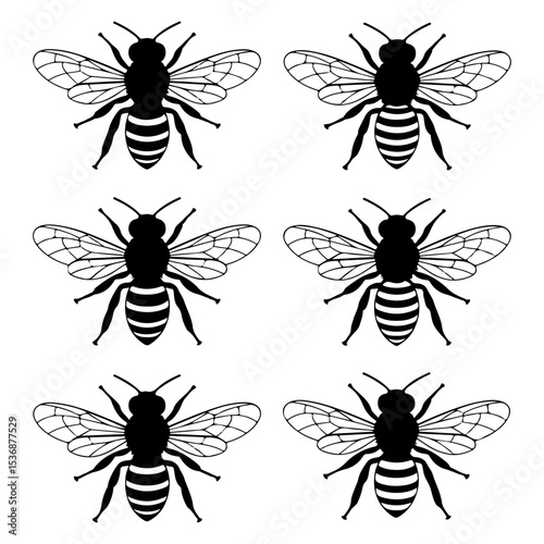 set of black bee silhouette illustration on white background