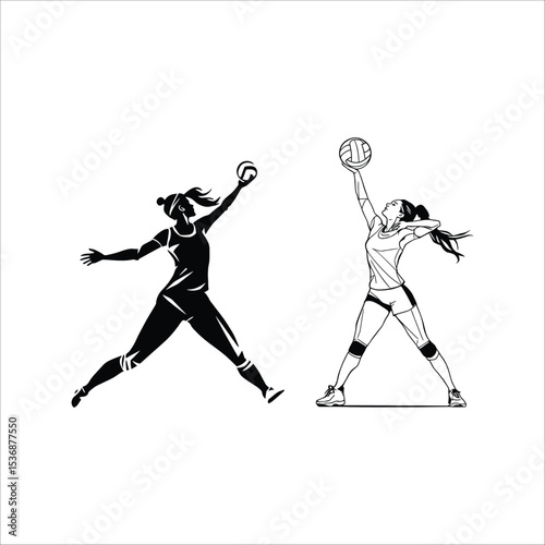 Volleyball Duo – Representation of Athletic Form, Competitive Energy, and Sport Motion Vector Illustration