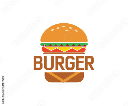 Flat Style Burger Illustration with Text on White Background, Fast Food Icon, Restaurant Menu Graphic, Delicious Meal Design