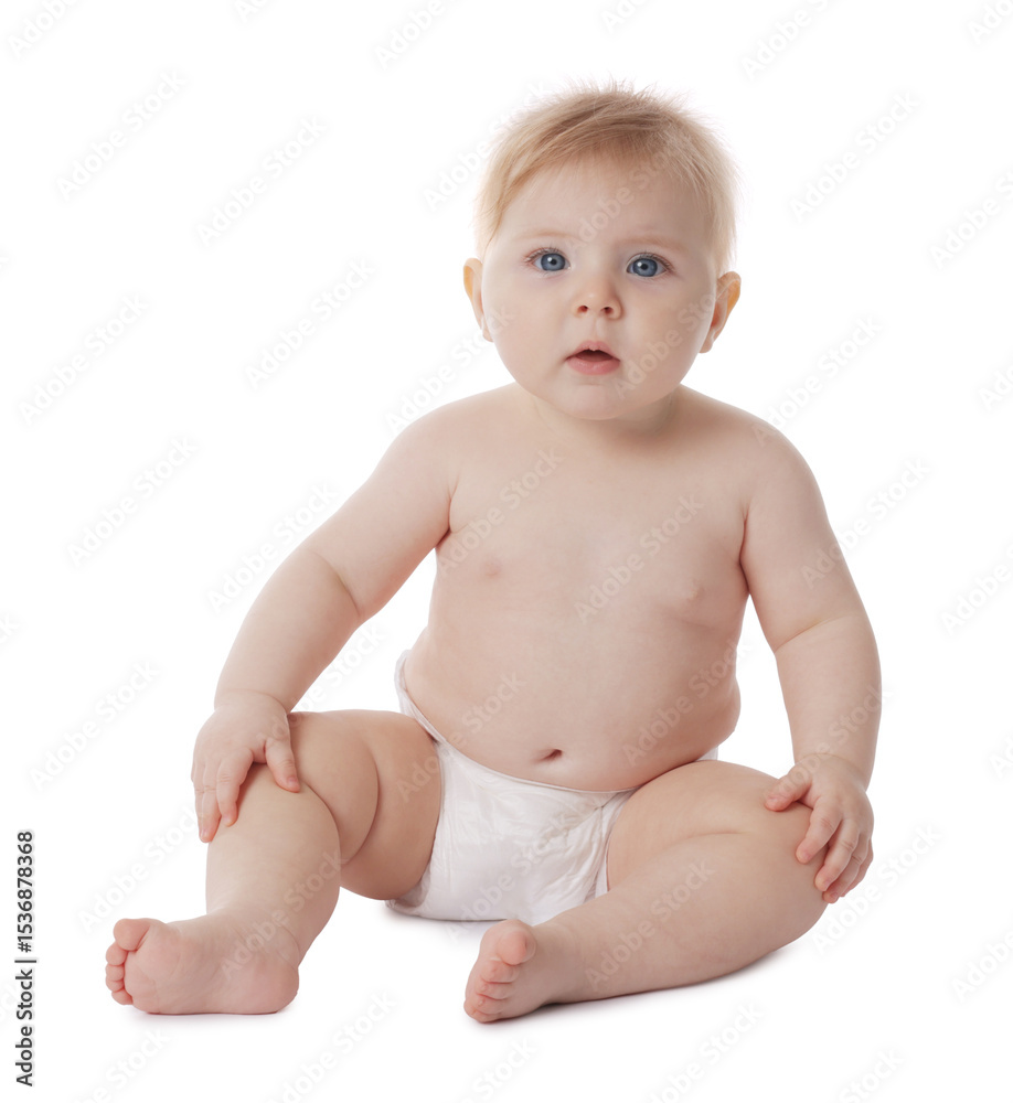 Cute little baby in diaper on white background Cute little baby in diaper on white background