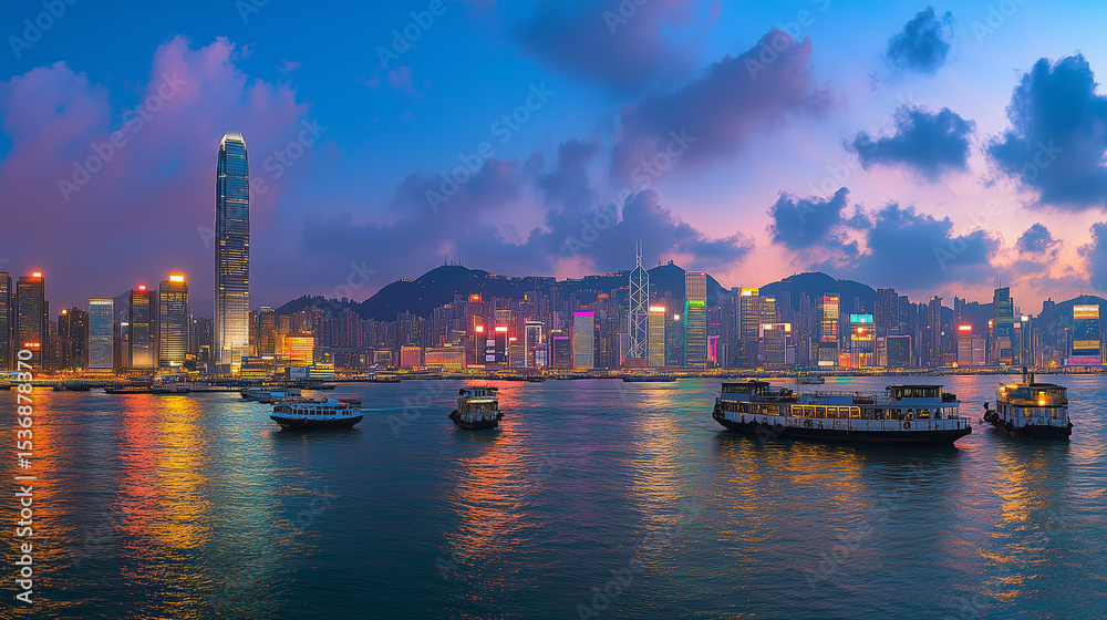 Obraz premium Urban Harbour Night Skyline with Skyscrapers and Neon Reflections