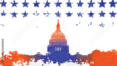 United states capitol building with stars and stripes in an artistic watercolor style illustration