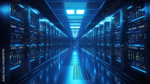 Data center corridor with reflective floor and vibrant blue lighting  showcasing symmetrical server racks for secure cloud systems  digital networks  and advanced infrastructure visuals