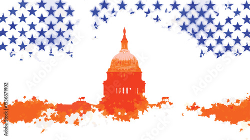 Illustration of the united states capitol building with stars above in a patriotic color scheme