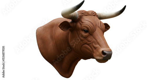 Isolated Detailed Brown Bull Head with Horns on White Background