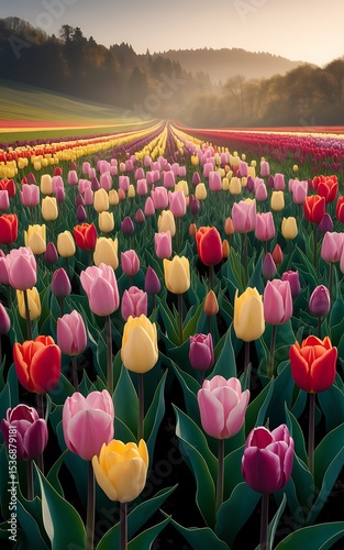 Vibrant Tulip Field at Sunrise: A Stunning Spring Landscape AI generated