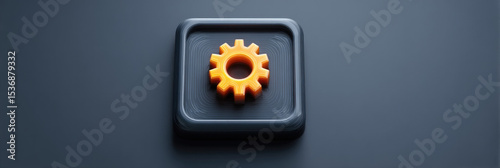 Creative Abstract Industrial Background: Minimalist Gear Icon in Cinema4D Style with Octane Rendering. 3D Design on Dark Gray Matte Surface, Orange Light Beam. Black Cubist Illustration Radiating Indu
