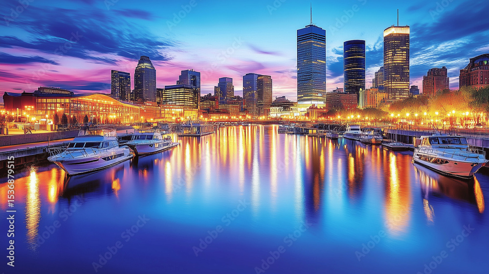 Obraz premium Urban Harbour Night Skyline with Skyscrapers and Neon Reflections